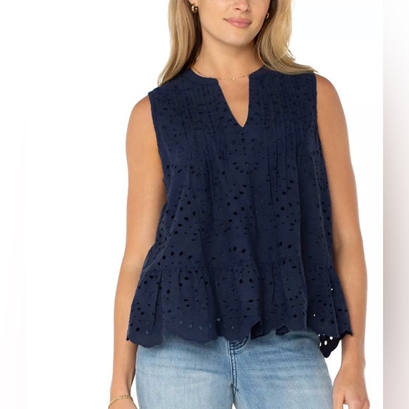 Liverpool Tops - Liverpool Sleeveless Eyelet Top NWT Navy Blue Scalloped Hem Swing Silhouette L